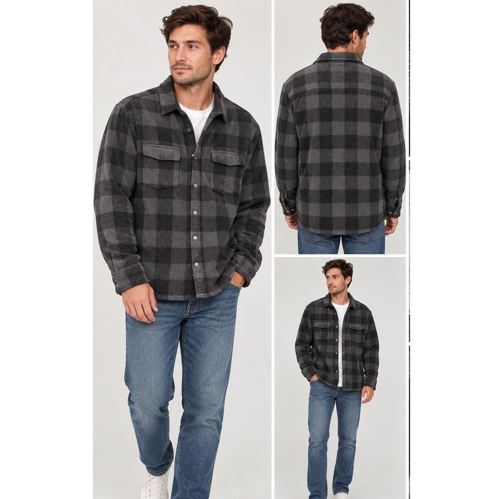 Quiksilver Flannel Shirt Mens Large Gorpcore Grey Black Plaid Fleece Snap Front